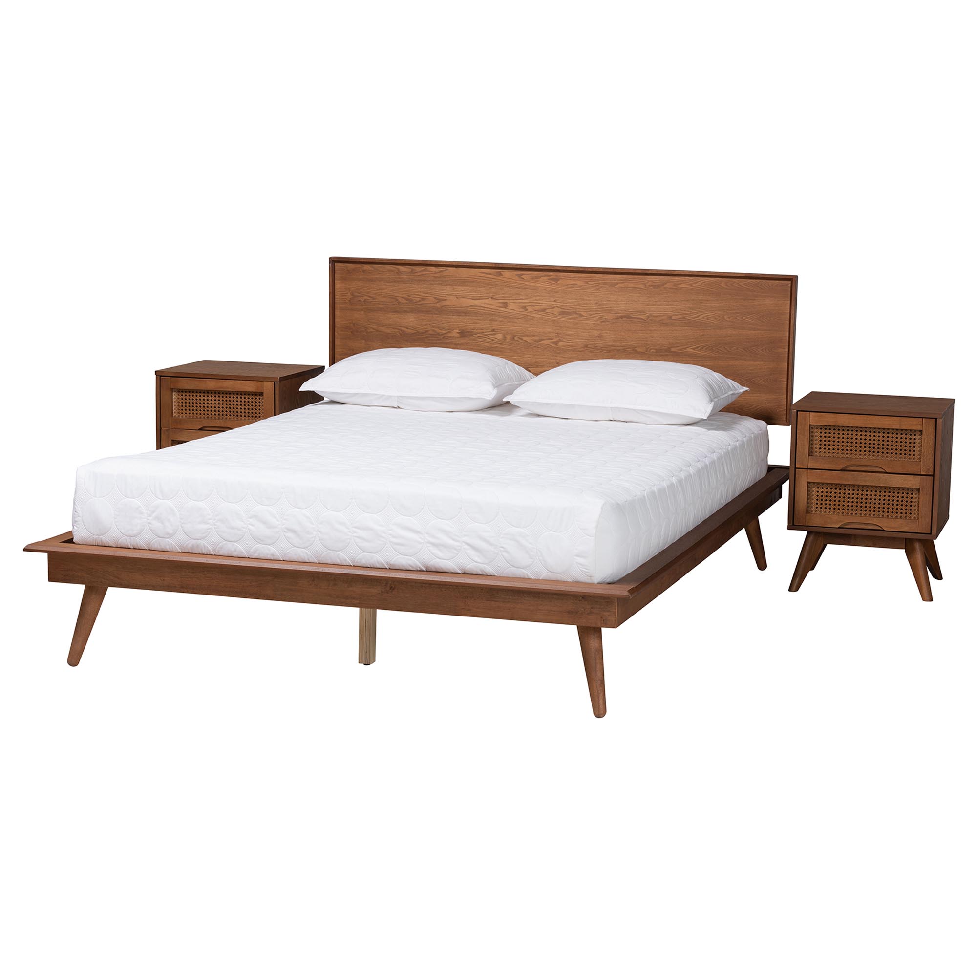 Baxton Studio Melora Mid-Century Modern Walnut Brown Finished Wood and Rattan Queen Size 3-Piece Bedroom Set